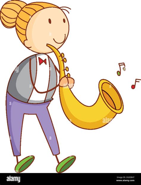A Doodle Kid Playing Saxophone Cartoon Character Isolated Illustration