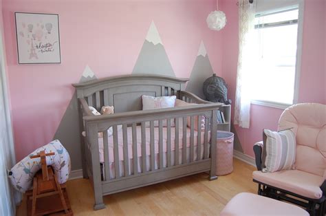 Cute Baby Girl Pink And Grey Nursery With Mountain Mural Pink And