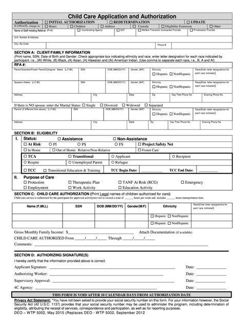Child Care Application And Authorization Form Fill Online Printable