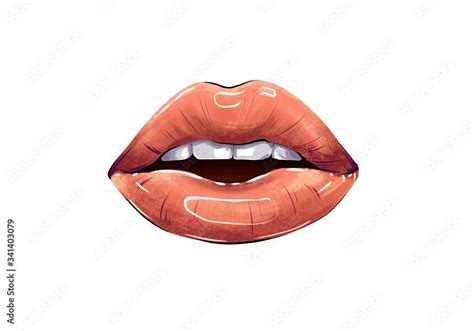 hand drawn art of female lips parted mouth visible white teeth lip gloss on fashion lips