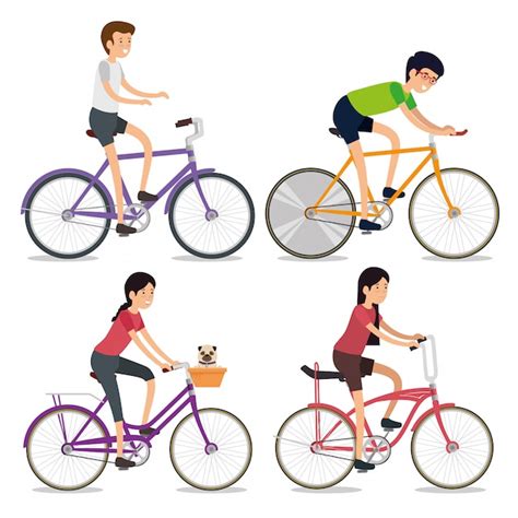 Set Women And Men Riding A Bicycle Sport Vector Free Download
