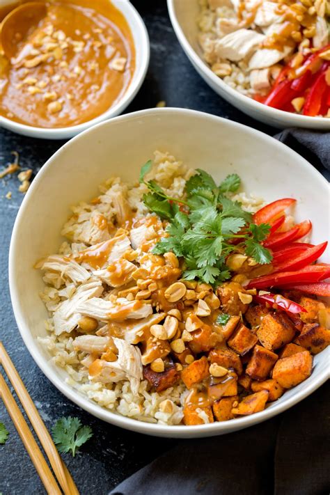 Chicken Veggie And Brown Rice Bowls With Peanut Sauce Cooking Classy