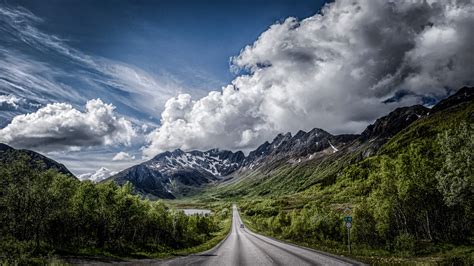 Download 1366x768 Wallpaper Road Mountains Horizon Nature Clouds