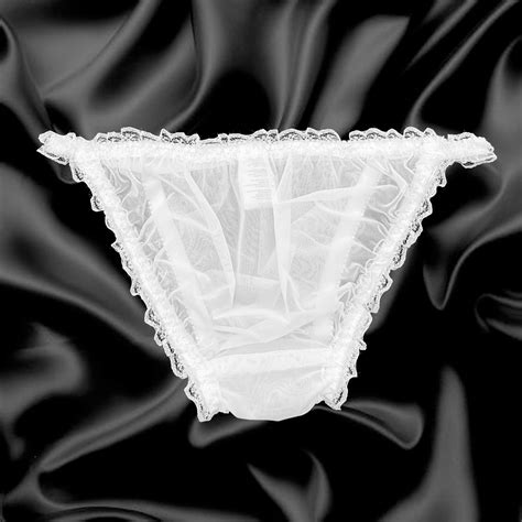 White Sissy Sheer Soft Nylon Frilly Tanga Bikini Panties Knickers Size