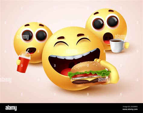 Smiley Emoji Eating Fast Food Burger Vector Character Design Smiley