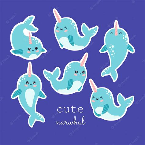 Premium Vector Kawaii Narwhal Sticker Collection Cute Baby Whale Set