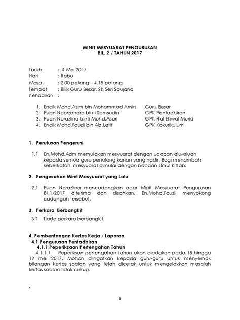 Senarai contoh minit mesyuarat terkini : Minit Mesyuarat Pengurusan SKSS
