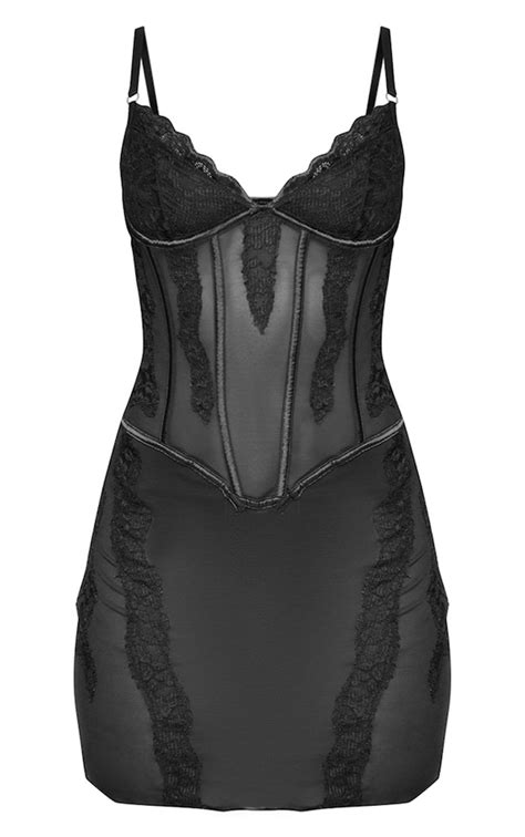 Black Lace Sheer Underwired Strappy Bodycon Dress Prettylittlething Usa