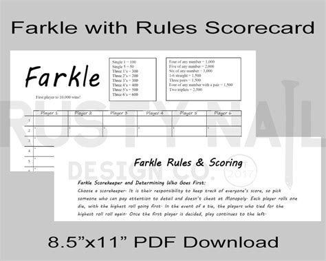 Farkle Game Scorecard Pdf 85x11 Double Sided Scorecard Farkle On The