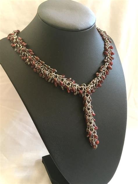 Cranberry Gold Beaded Chainmaille Necklace Statement Etsy Chainmail