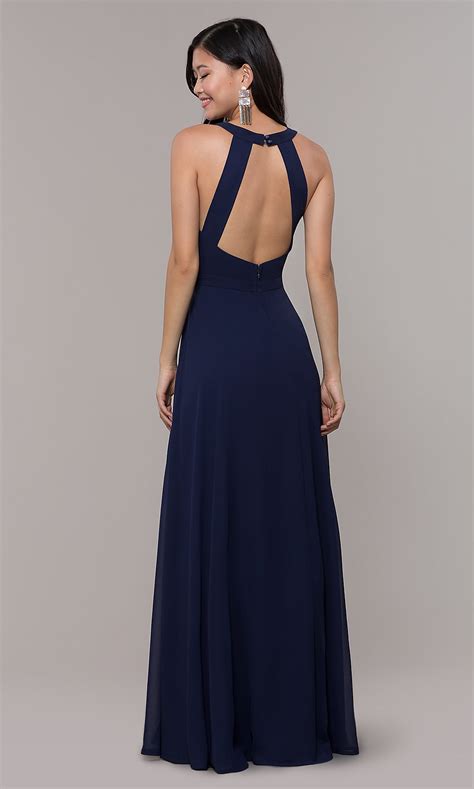 Navy Blue Long V Neck Prom Dress With Cut Out Promgirl