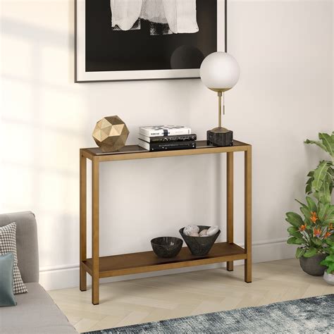 Industrial Glass Sofa Console Table With Perforated Metal Storage Shelf For Living Room Narrow