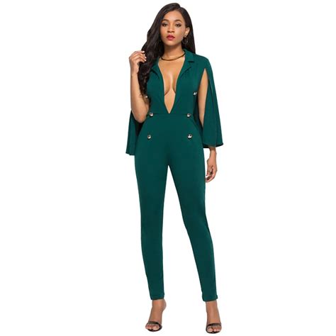 Sexy Deep V N Neck Long Batwing Sleeve Women Jumpsuits Elegant Ol Button Slim Bodycon Jumpsuits