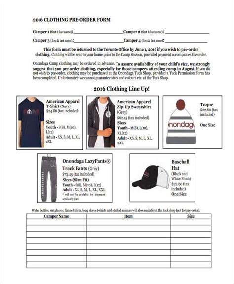 clothing order forms  samples examples format
