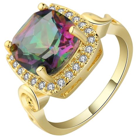 Luxury Gold Rainbow Square Cubic Zircon Ring Aaa Zircon Classic Wedding Jewelry Rings For Women