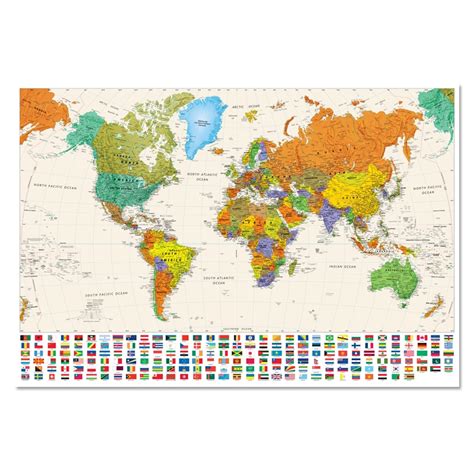 Colorful World Map With National Flag Poster Size Wall Decoration Large