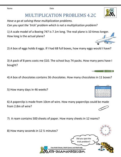 Free Printable Fourth Grade Math Word Problem Worksheets
