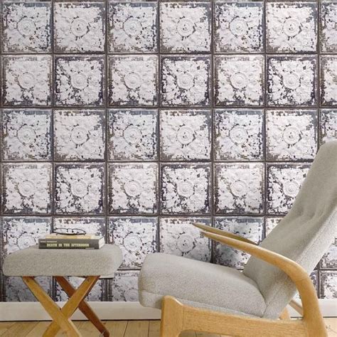 Exclusive Spring St Brooklyn Tin Tile Effect Wallpaper Off White