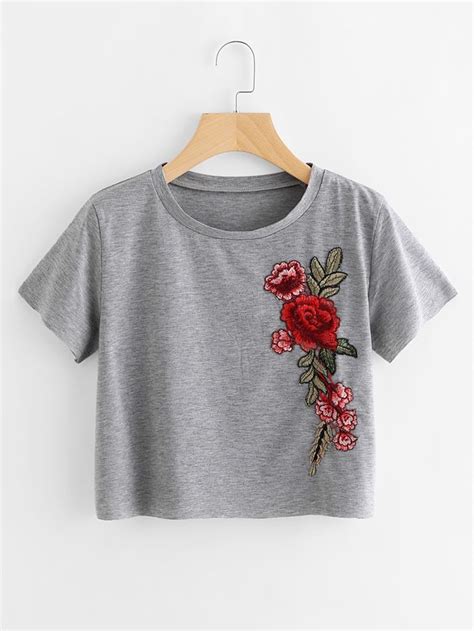 Embroidered Applique Raw Trim Crop Marled T Shirt Clothes Fashion