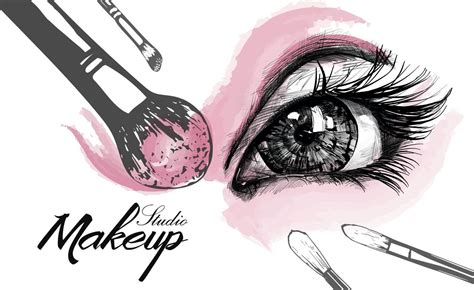 Vector Hand Drawn Illustration Of Colorful Women Eye And Makeup Brushes