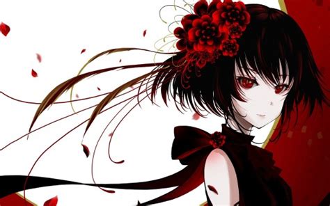 Red Eyes Black Hair Anime Girl With Red Flowers On Head Hd Anime Girl