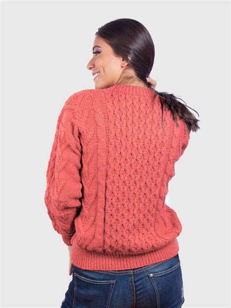 Hand Knit Warm Orange Aran Alpaca Sweater For Women Inti Alpaca