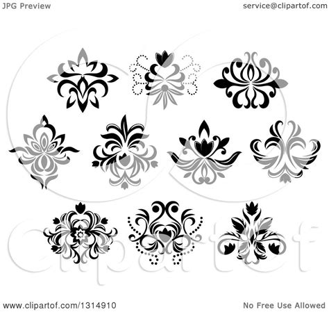 Clipart Of Black And White Vintage Floral Design Elements