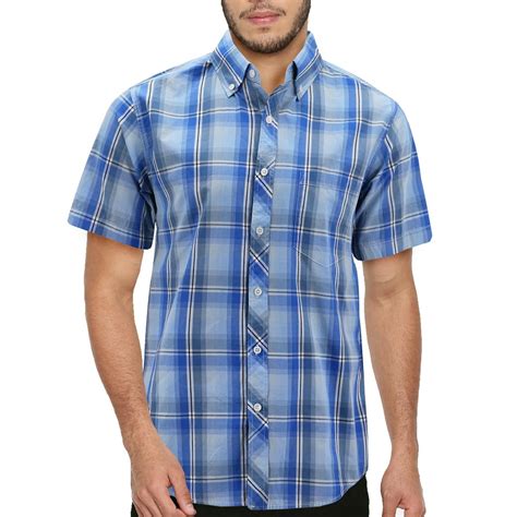 Vkwear Mens Cotton Casual Short Sleeve Classic Collared Plaid Button