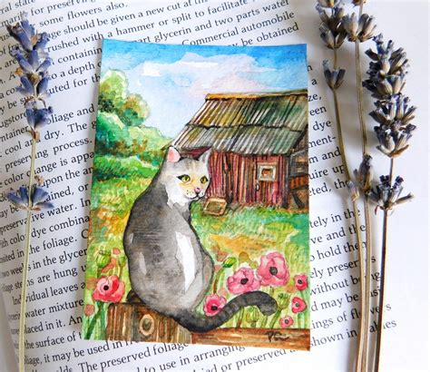Aceo Original Watercolour Painting Meow At The Barn Cute Animal