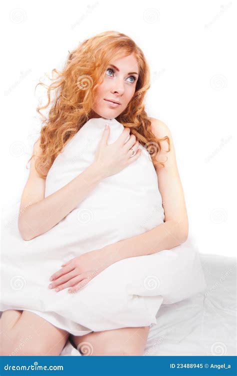 Redheaded Woman Holding Pillow Stock Image Image Of Bright Hygiene