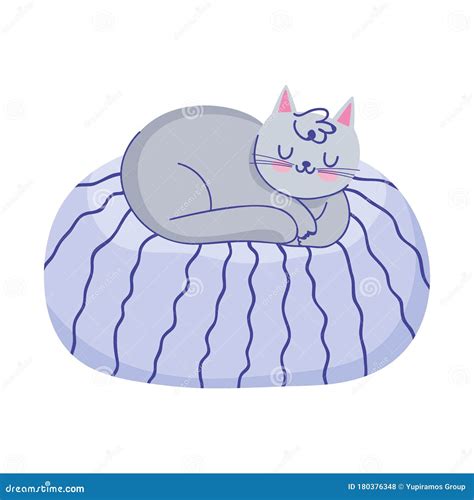 Pet Cat Resting On Cushion Isolated Icon White Background Stock Vector