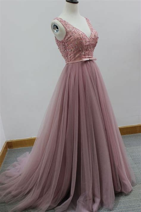 Elegant Dusty Pink Prom Dressbeading Evening Dresssleeveless Party