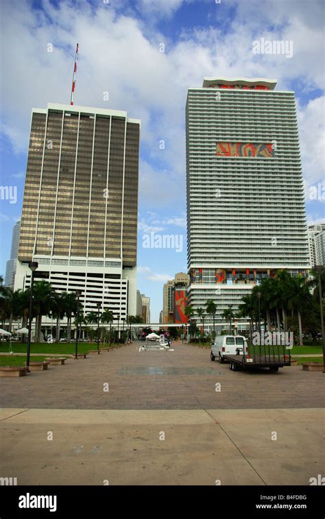 Towers Of Two Skyscrapers Seen In Downtown Miami Stock Photo Alamy