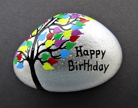 Happy Birthday Painted Rock Tree Stone Small Birthday T Etsy