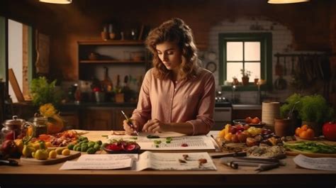 Frau Verschreibt Sich Selbst Einen Diätplan Mit Gemüse Das Auf Dem Küchentisch Ausgebreitet Ist