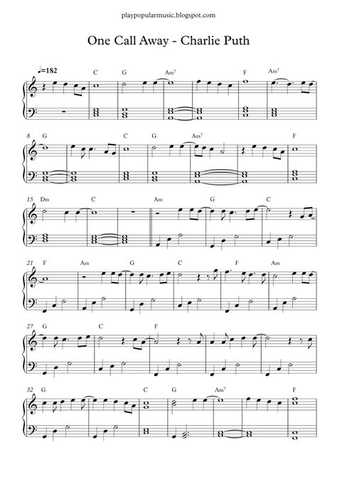 Browse through our free piano sheet music collection and play your favorite song. Free piano sheet music: One Call Away - Charlie Puth.pdf I'm only one call away, I 'll be there ...