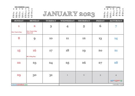 Downloadable January 2023 Calendar With Holidays Printable Free Pdf In
