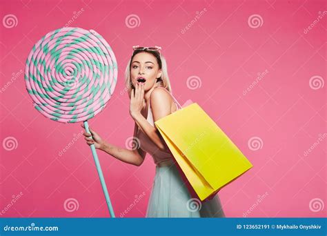 Beautiful Model With Sweets At Pink Background Stock Image Image Of