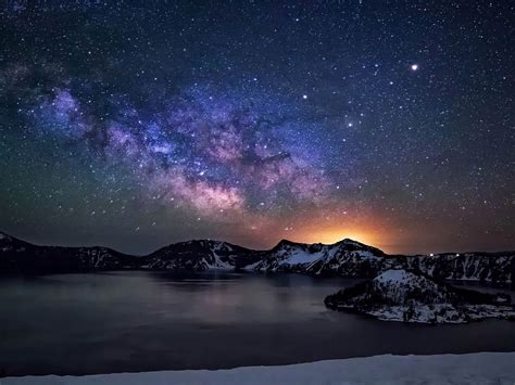 Crater Lake Night Sky With Star Milkyway Desktop Wallpaper