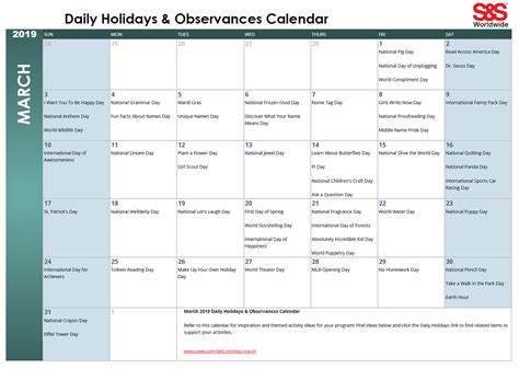 March 2019 Printable Daily Holidays Calendar Sands Blog