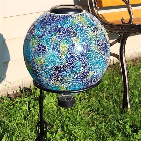 Sunnydaze Garden Gazing Globe With Led Solar Light Crackled Glass Azul Terra Design Outdoor