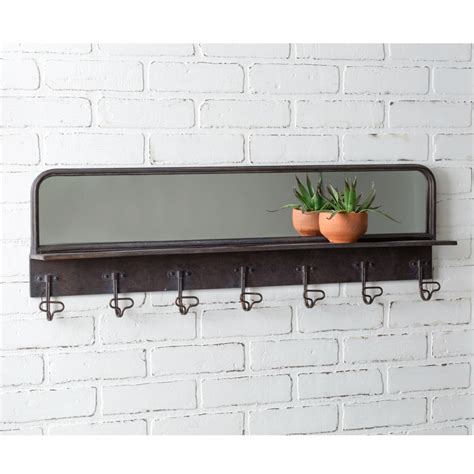 Rustic Farmhouse Entryway Coat Rack With Mirror And Seven Hooks