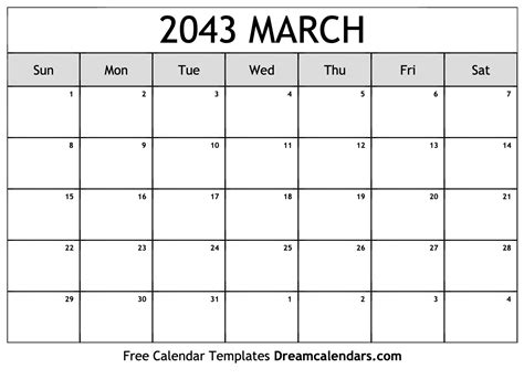 March 2043 Calendar Free Blank Printable With Holidays