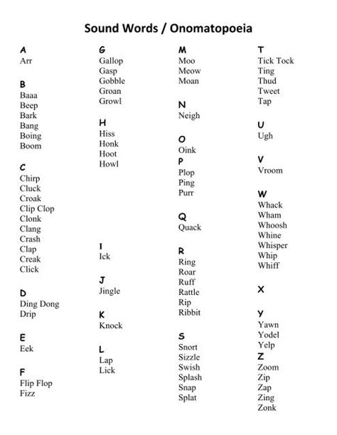 Onomatopoeia Word List Printable