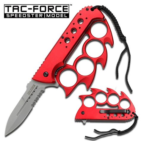 Red Knuckle Handle Spring Assisted Knife With Lanyard 6j2 Tf