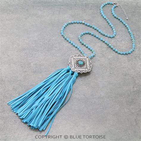 Western Concho With Tassel Glass Bead Necklace Bluetortoisewholesale