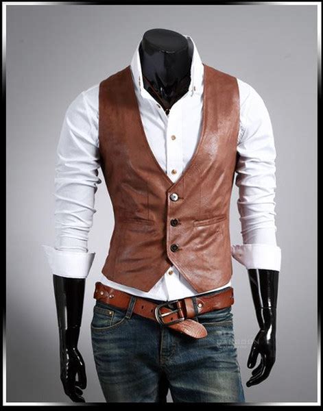 Pu Leather Vest Men Sleeveless V Neck Single Breasted Two Pockets