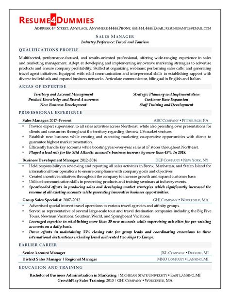 Sales Manager Resume Example Resume4dummies