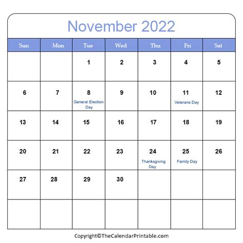 November 2022 Holiday Calendar Printable Template Calendar