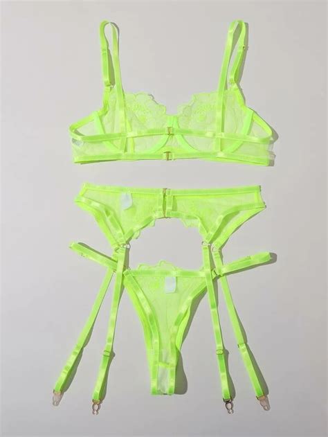 Neon Lime Embroidered Mesh Underwire Garter Lingerie Set Shein Usa